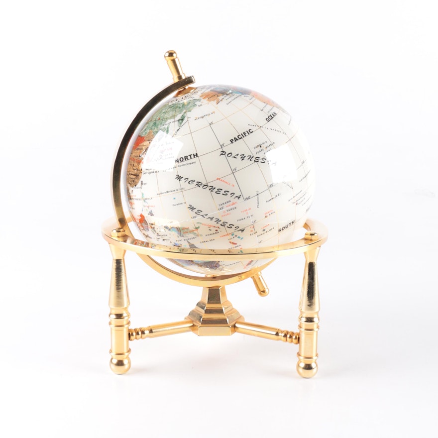 Inlaid Stone Globe with Brass Tone Frame