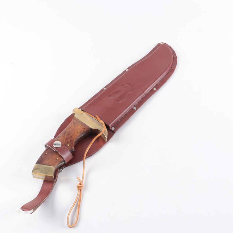 Pakistani Steel Clip Point Knife with Wooden Handle and Red Tone Leather Sheath