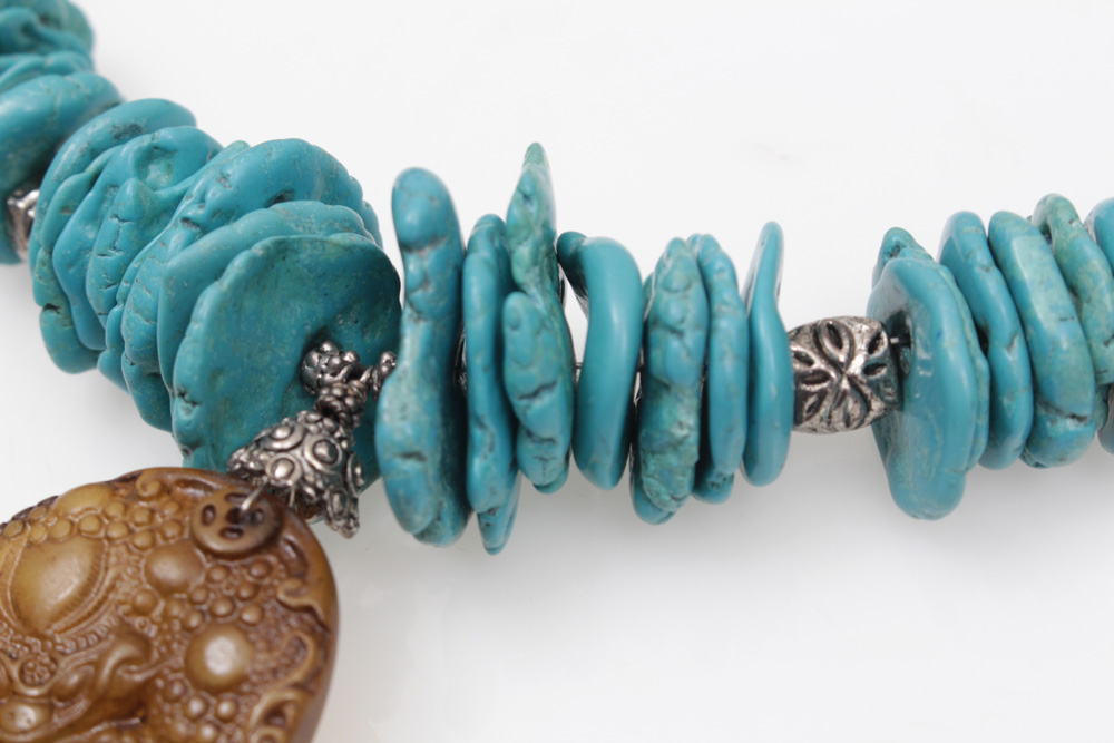 Sterling Silver Carved Nephrite and Dyed Turquoise Necklace