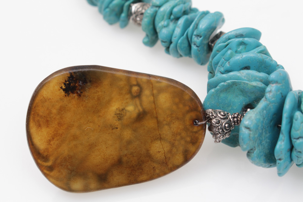 Sterling Silver Carved Nephrite and Dyed Turquoise Necklace