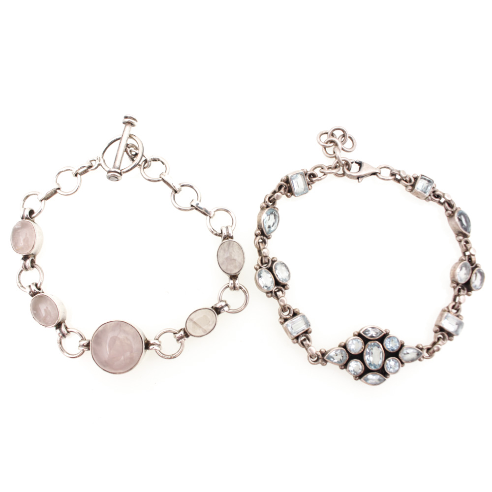 Sterling Silver Bracelets with Rose Quartz and Blue Topaz