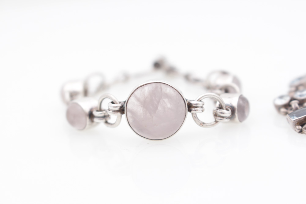 Sterling Silver Bracelets with Rose Quartz and Blue Topaz