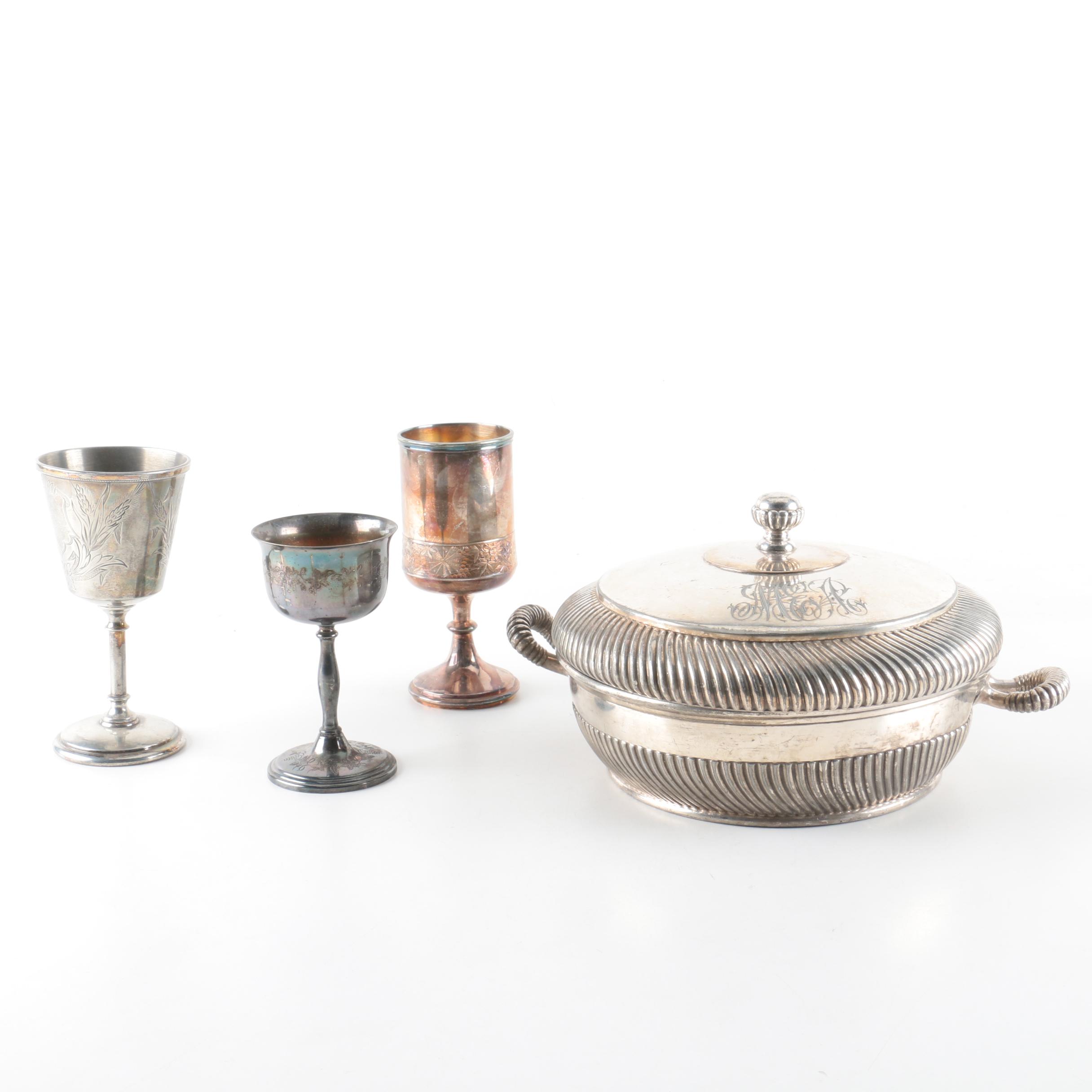 Wilcox Silverplate Co. Silver Plate Lidded Serving Dish and Goblets