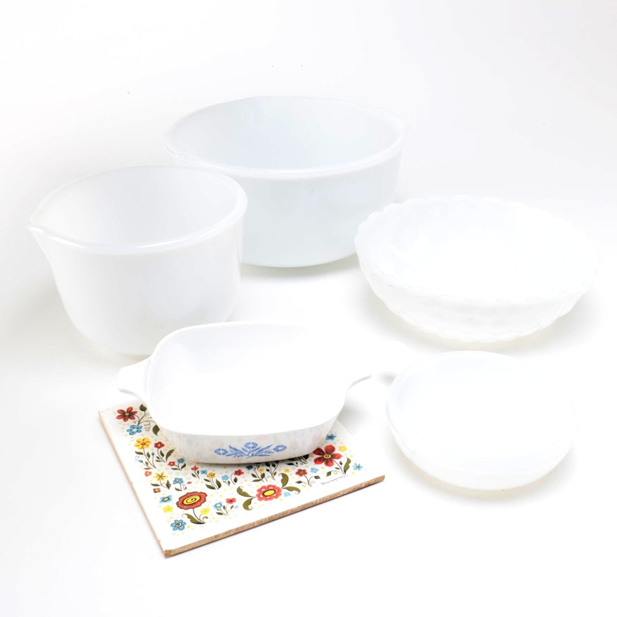 Glass Mixing Bowls Including Glasbake, Corning Ware and a 1960's Berggren Trivet