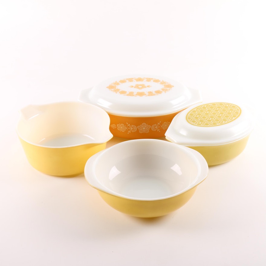 Pyrex "Wicker Weave" and "Butterfly Gold" Casserole Pans, "Primary Yellow" Bowls