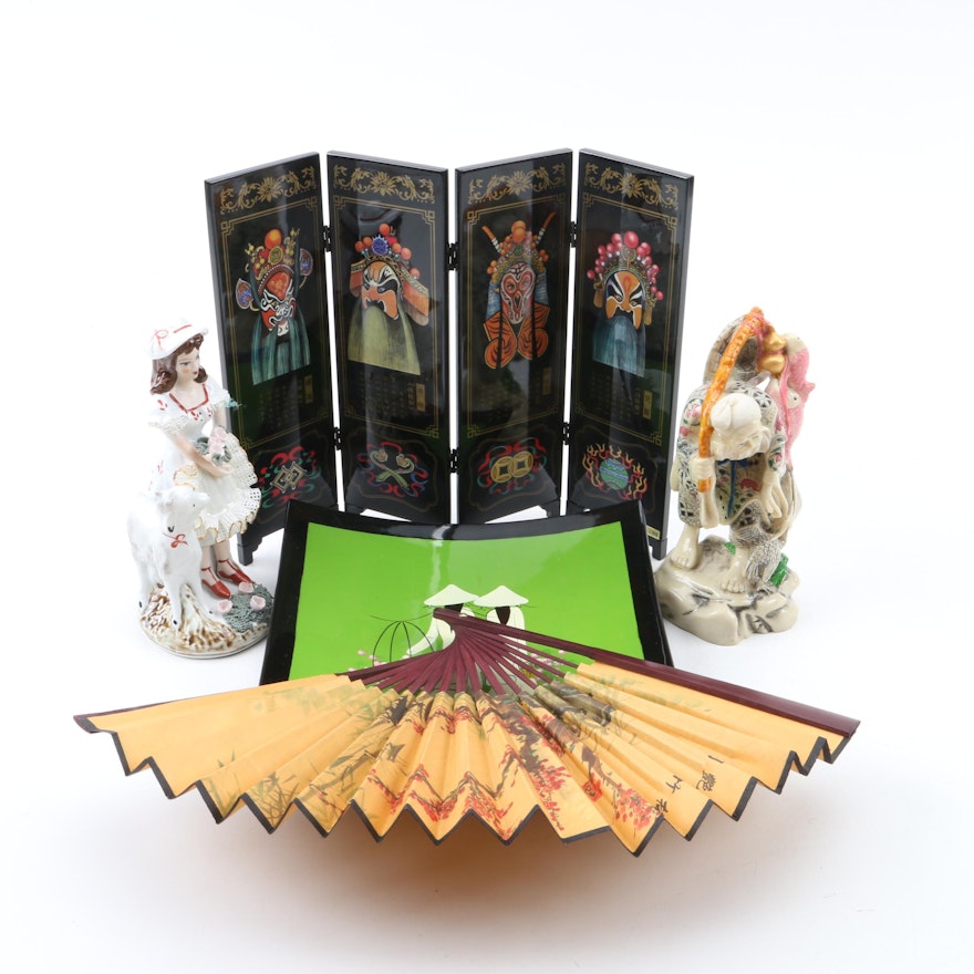 Ceramic Figurines with Decorative Fan and Folding Screen