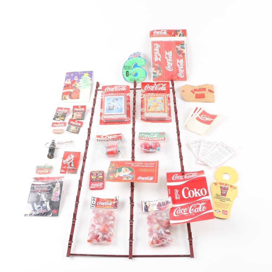 Coca-Cola Hanging Display Rack with Assorted Collectibles