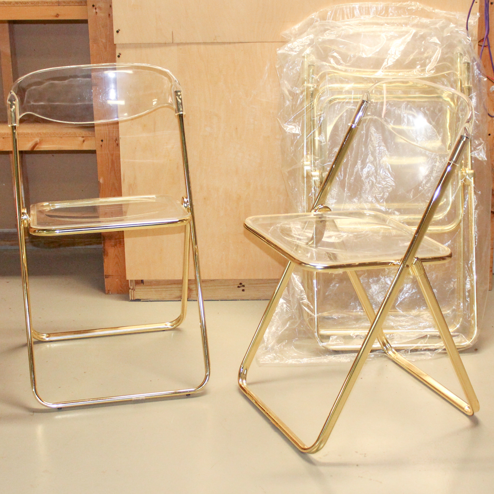 Clear Acrylic and Gold Metal Folding Chairs