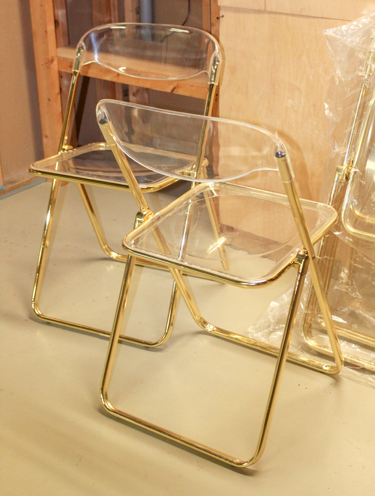Clear Acrylic and Gold Metal Folding Chairs
