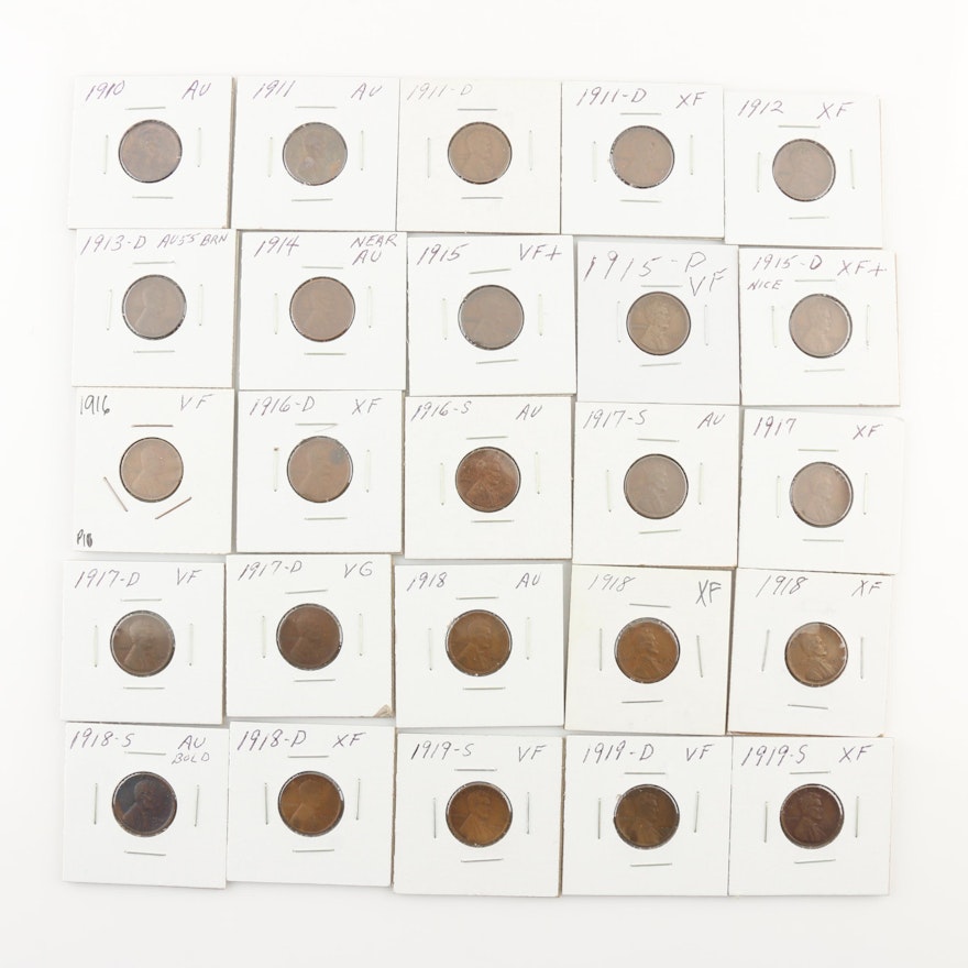Group of Twenty-Five Lincoln Wheat Cents from the 1910s