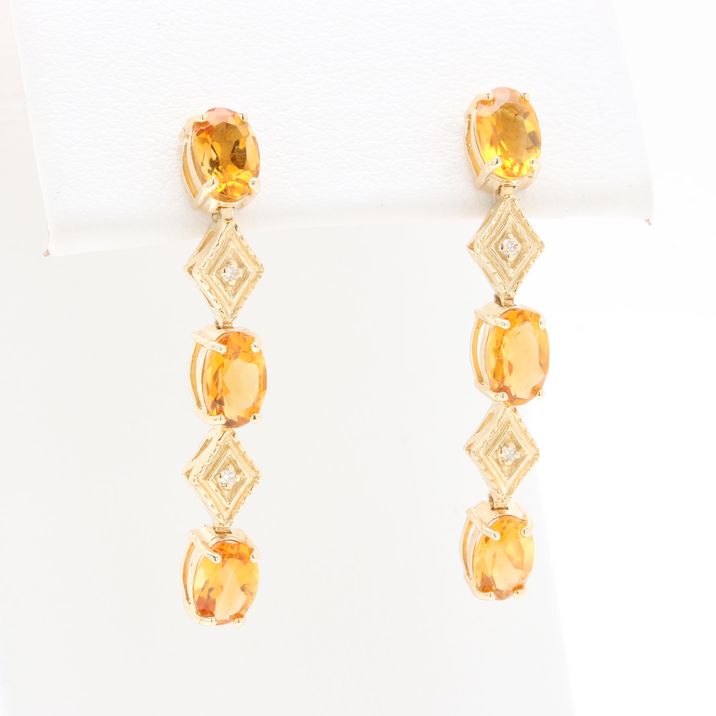 14K Yellow Gold Citrine and Diamond Drop Earrings