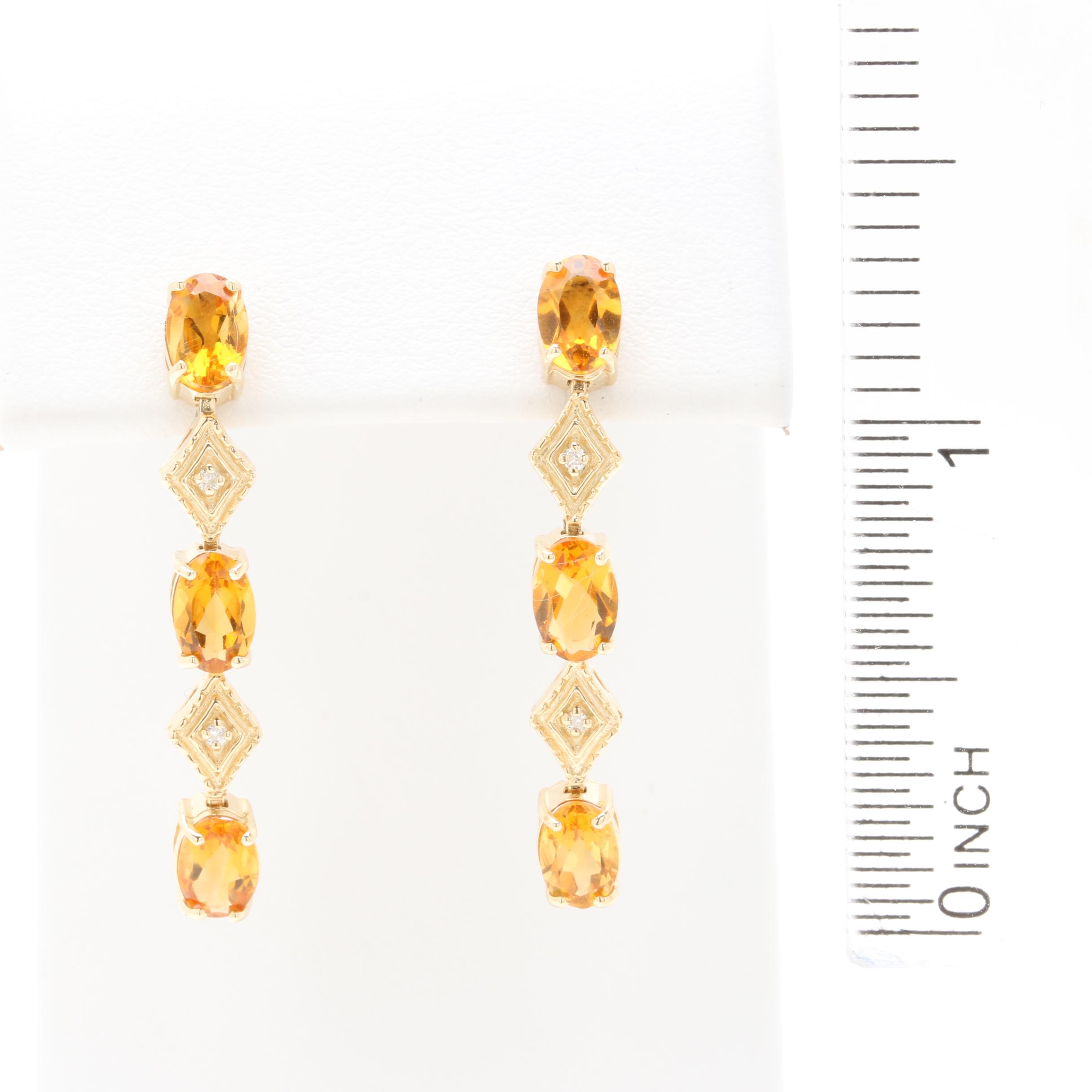 14K Yellow Gold Citrine and Diamond Drop Earrings
