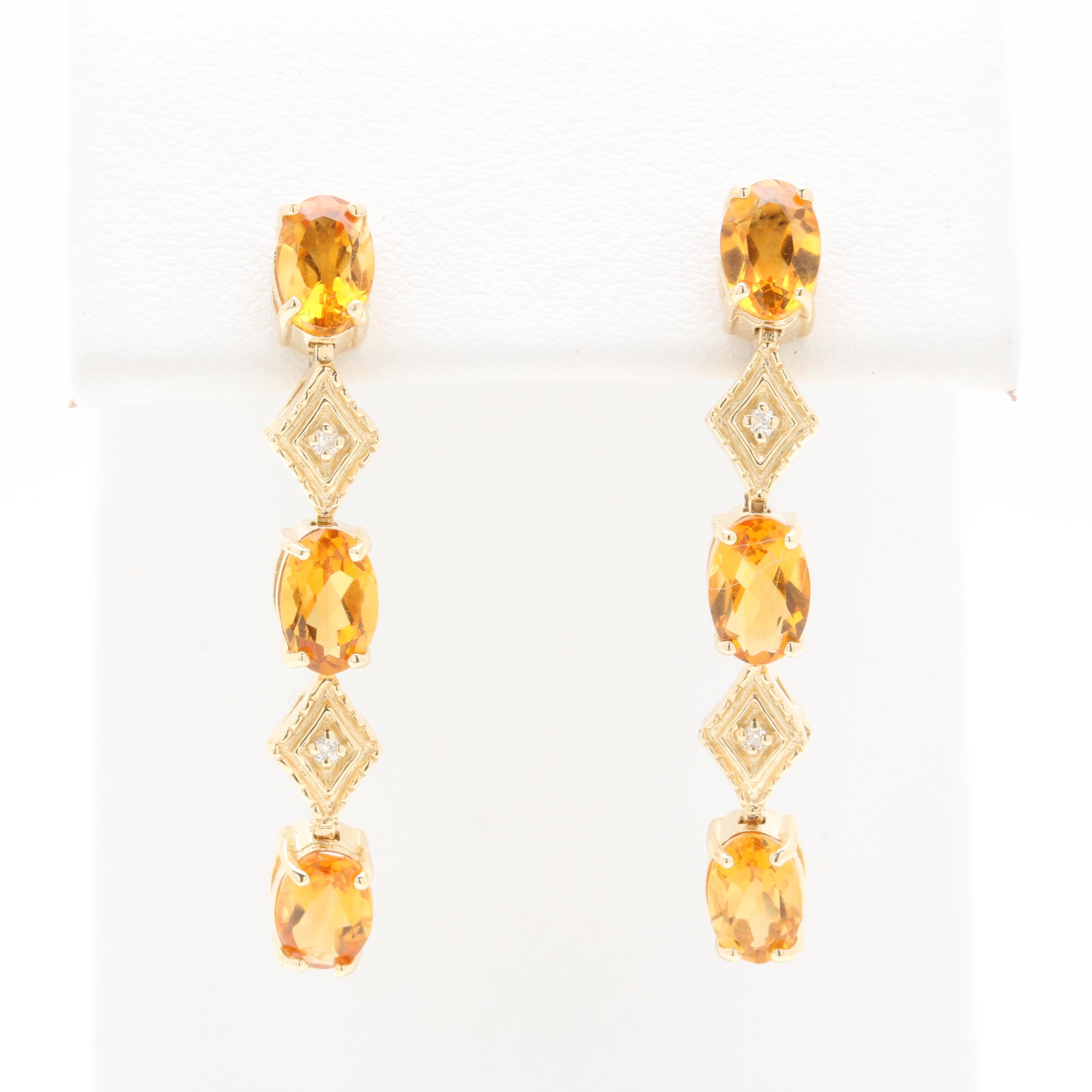 14K Yellow Gold Citrine and Diamond Drop Earrings