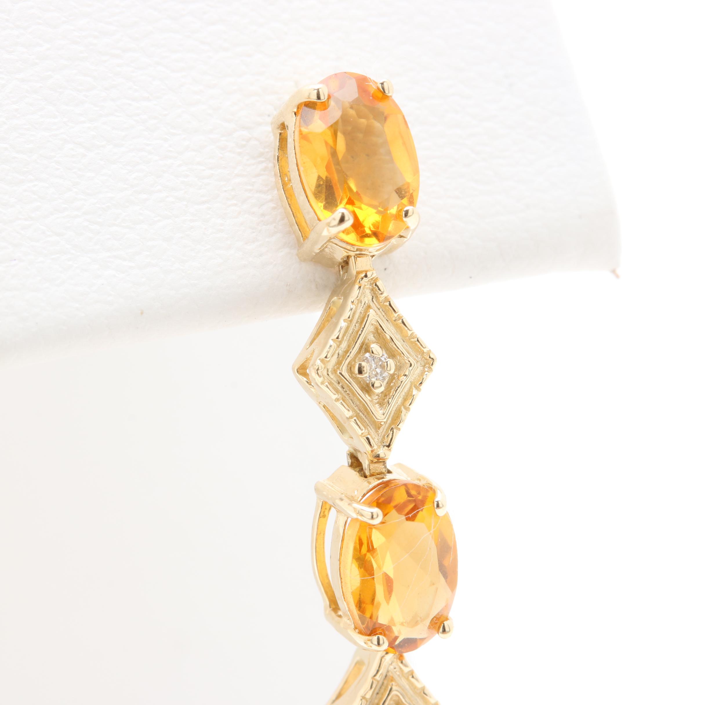 14K Yellow Gold Citrine and Diamond Drop Earrings