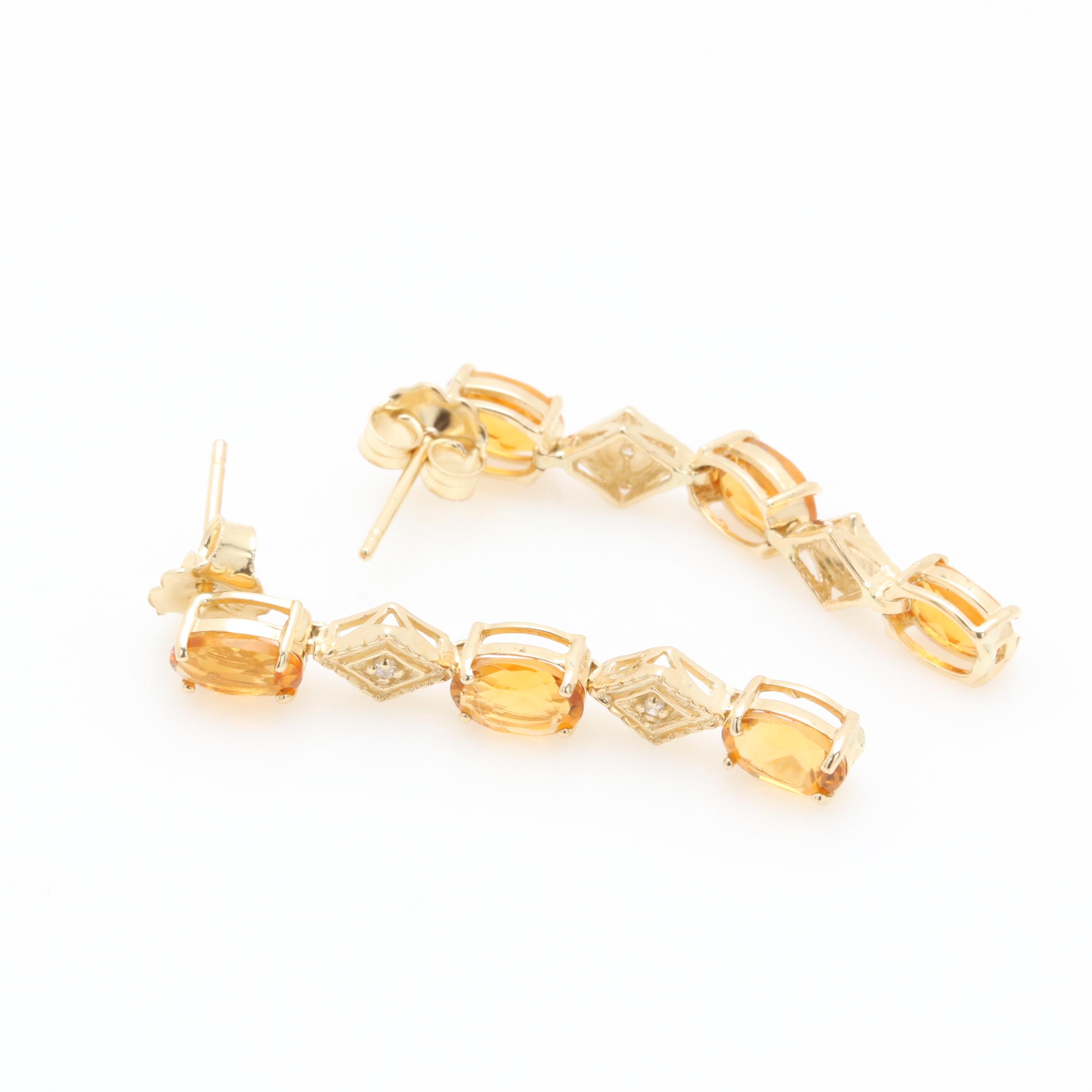 14K Yellow Gold Citrine and Diamond Drop Earrings
