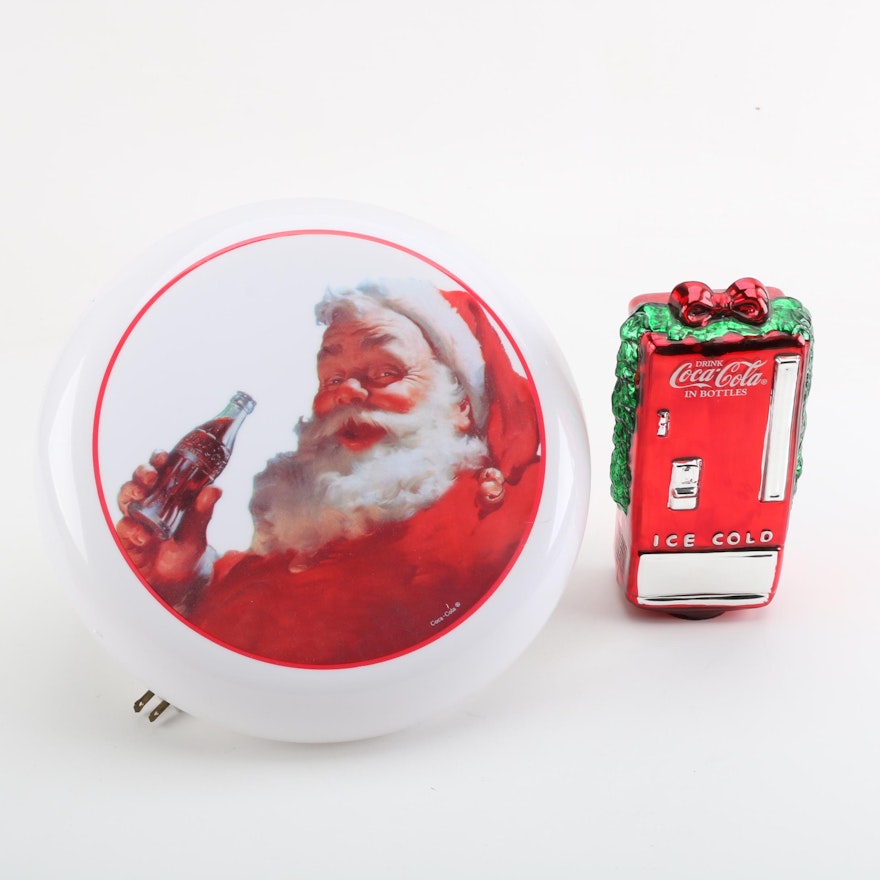 Coca-Cola Illuminated Santa Sign and Miniature Christmas Vending Machine