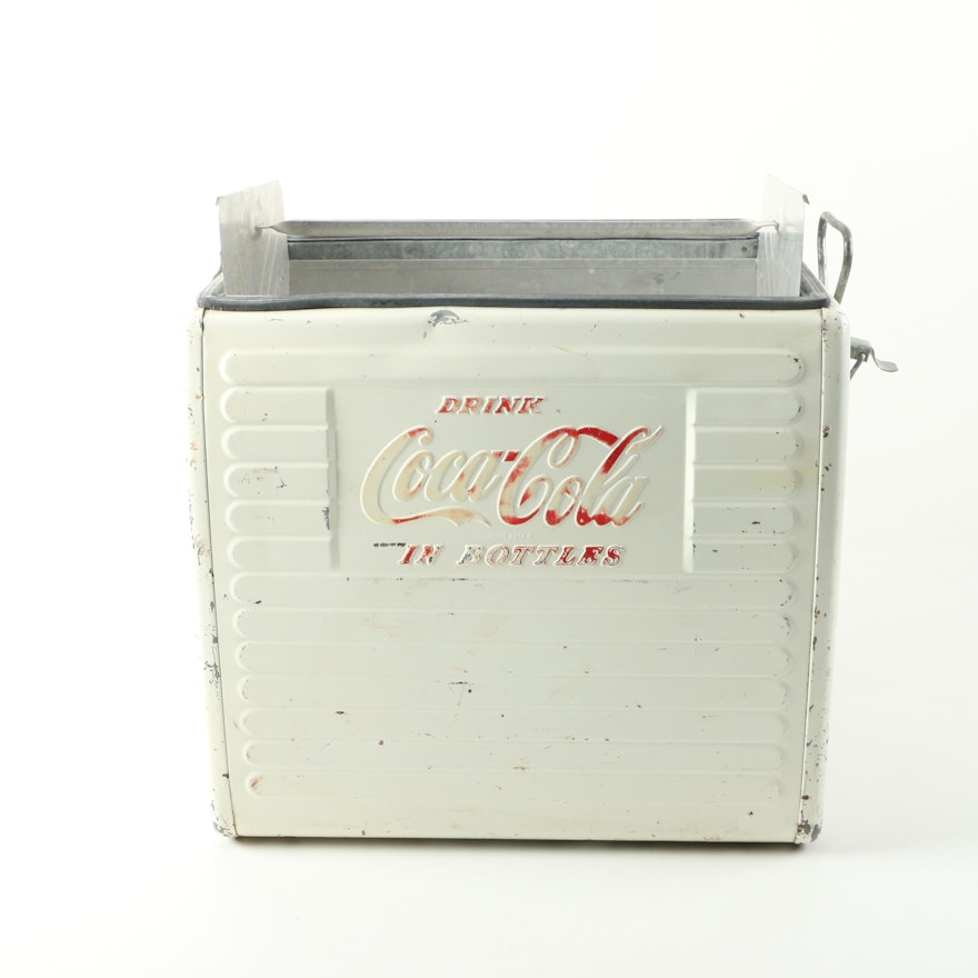 Vintage White Metal Coca-Cola Cooler With Tray Lid