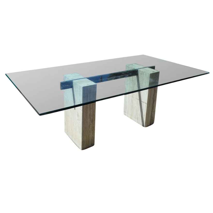 Modernist Stone and Glass Top Dining Table