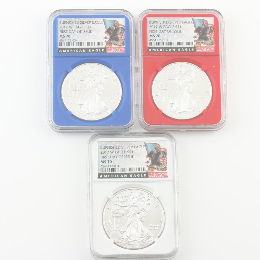 Three 2017-W Burnished Silver Eagles Graded MS70 by NGC