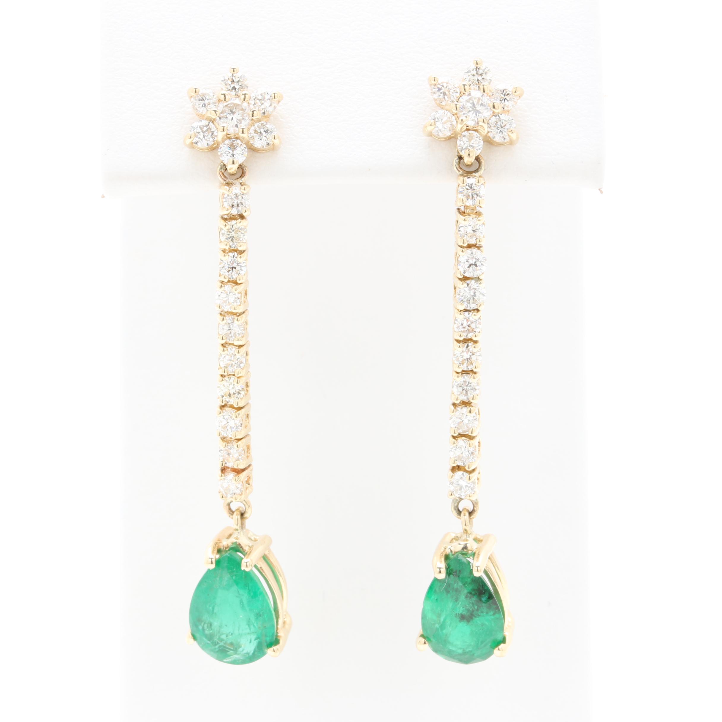14K Yellow Gold 3.26 CTW Emerald and 1.24 CTW Diamond Earrings