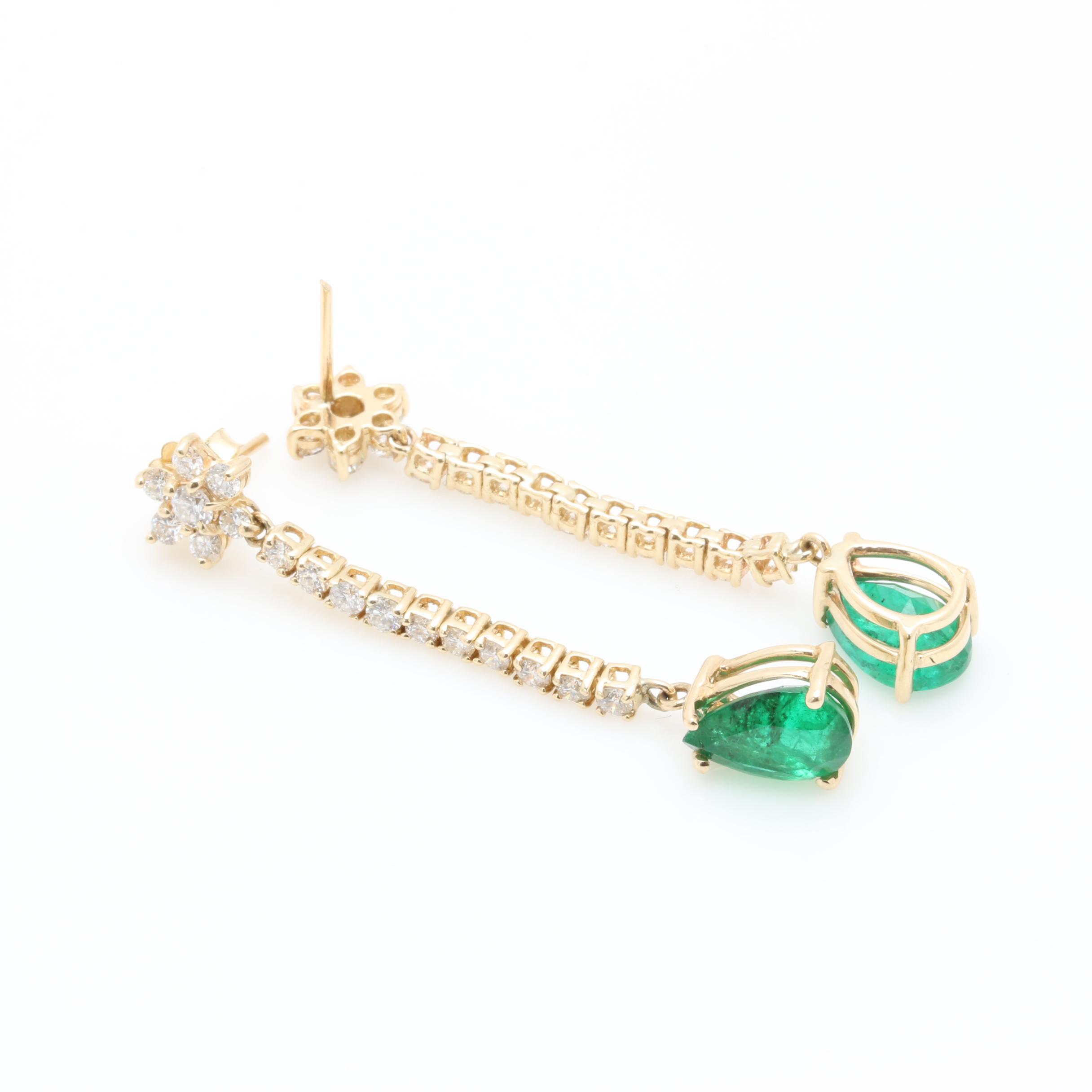 14K Yellow Gold 3.26 CTW Emerald and 1.24 CTW Diamond Earrings