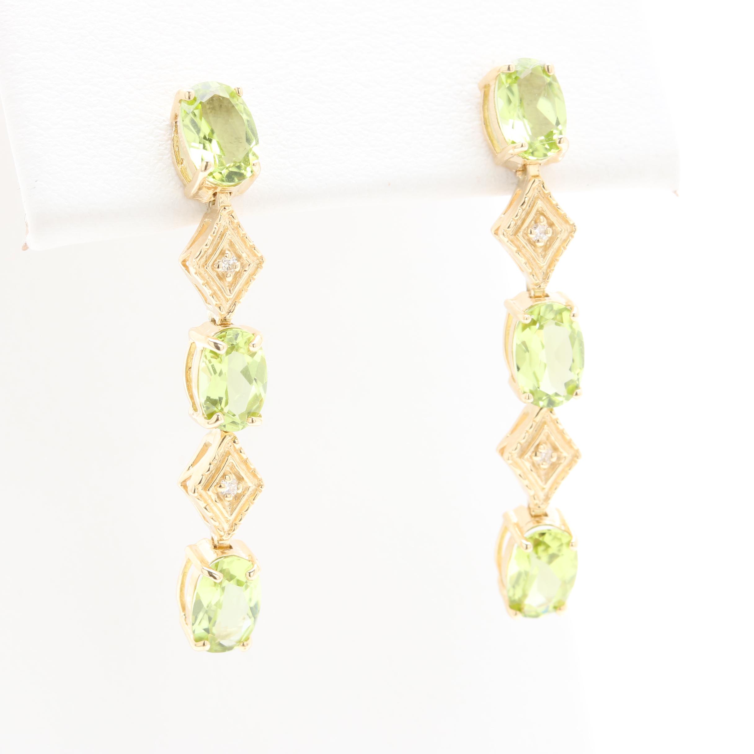 14K Yellow Gold Peridot and Diamond Drop Earrings