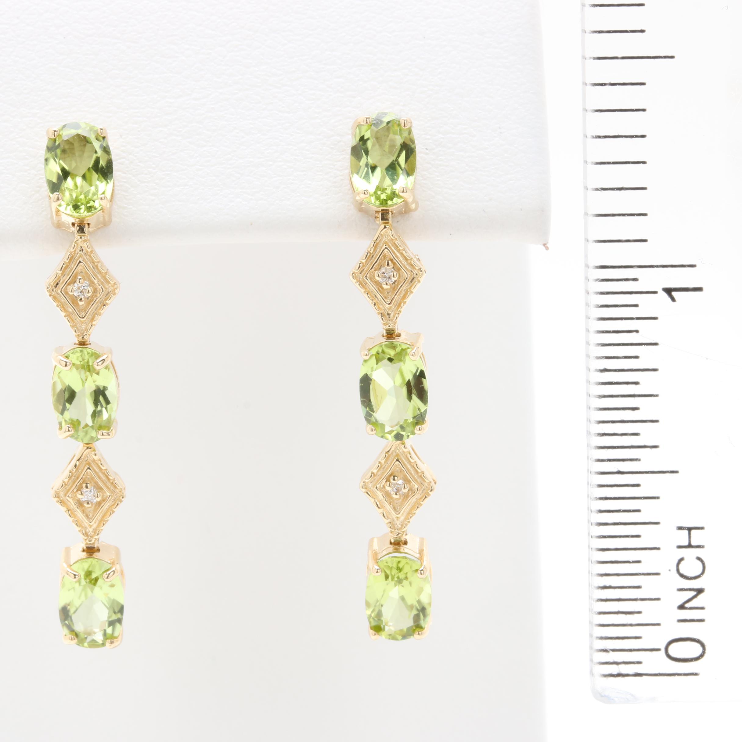 14K Yellow Gold Peridot and Diamond Drop Earrings