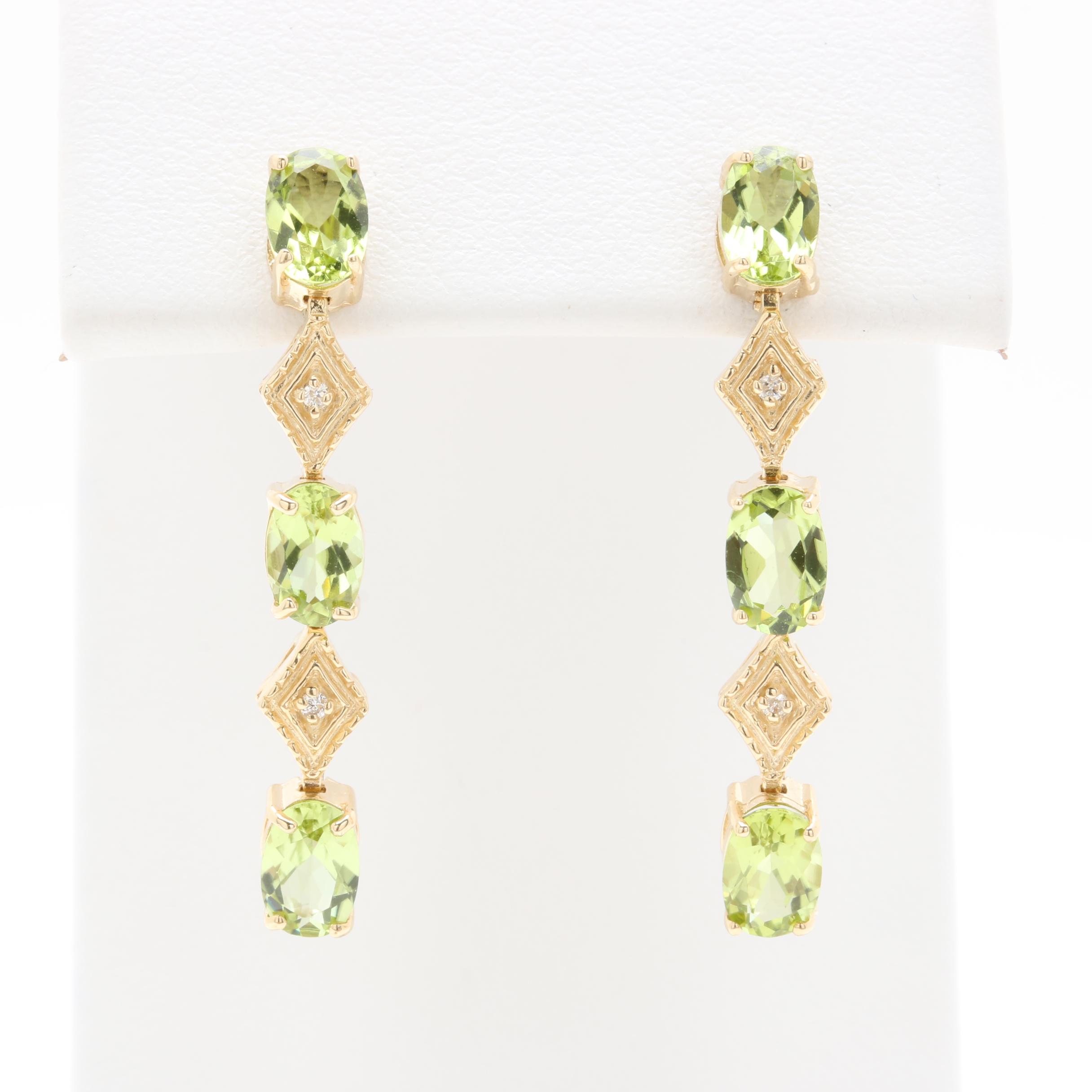 14K Yellow Gold Peridot and Diamond Drop Earrings