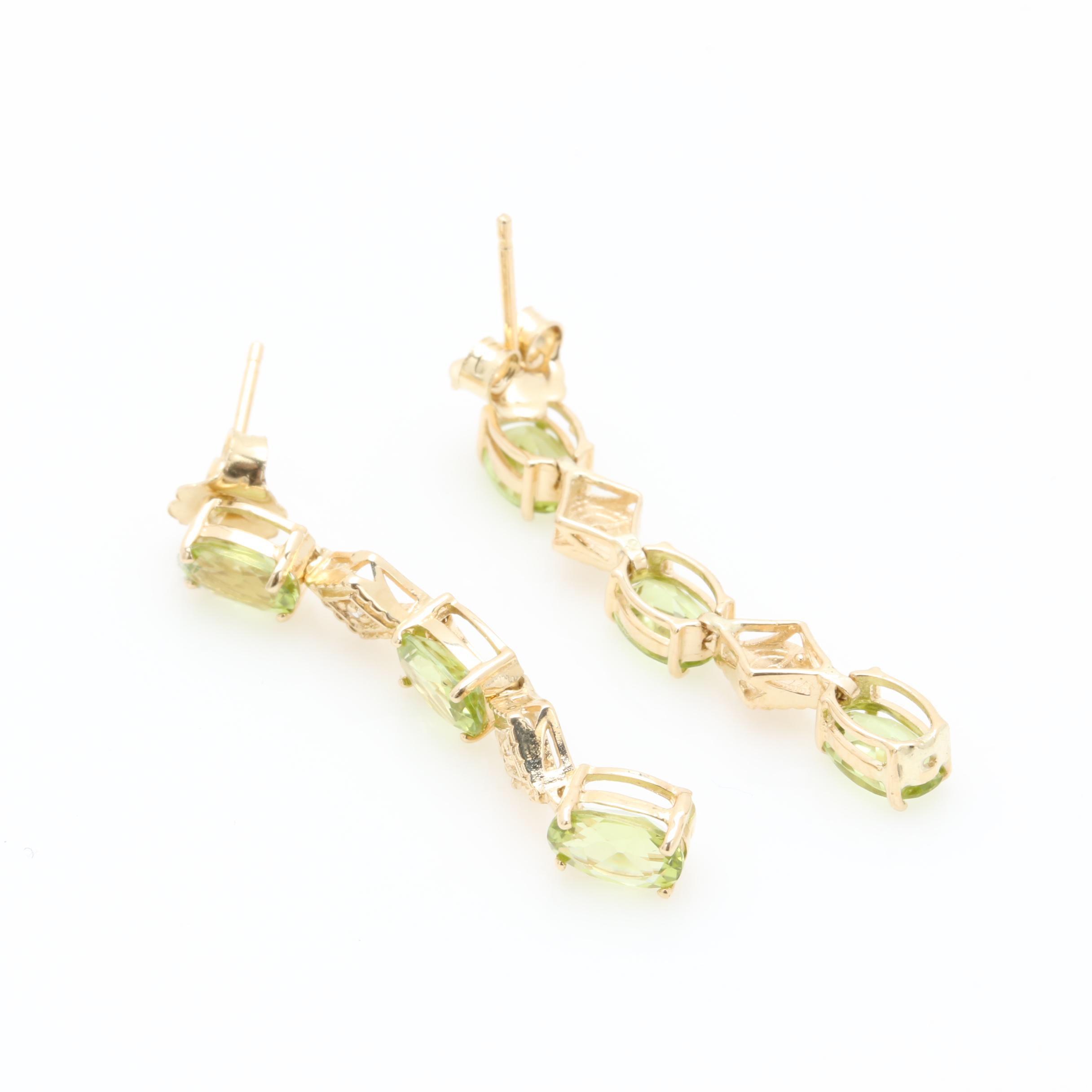 14K Yellow Gold Peridot and Diamond Drop Earrings