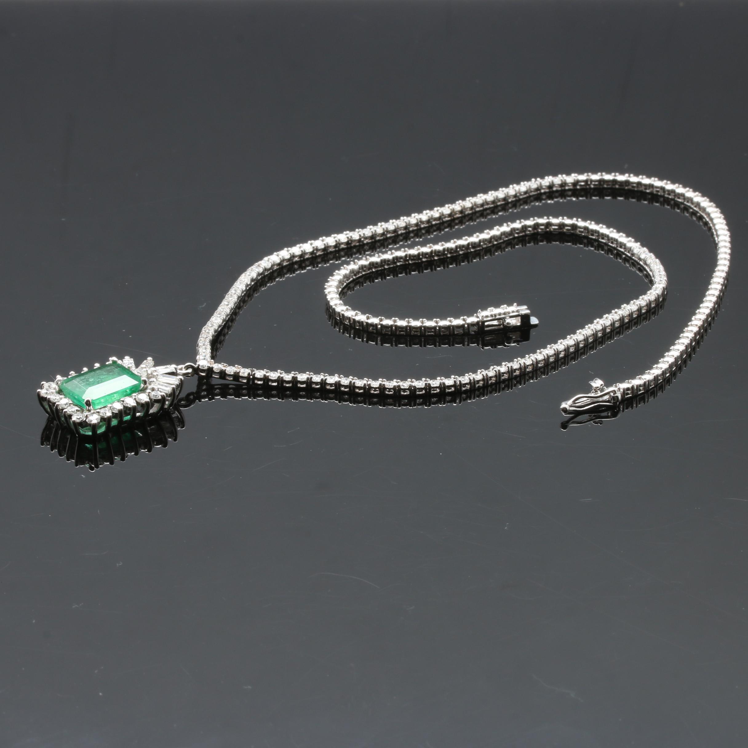 14K and 18K White Gold 4.36 CT Emerald and 3.64 CTW Diamond Necklace