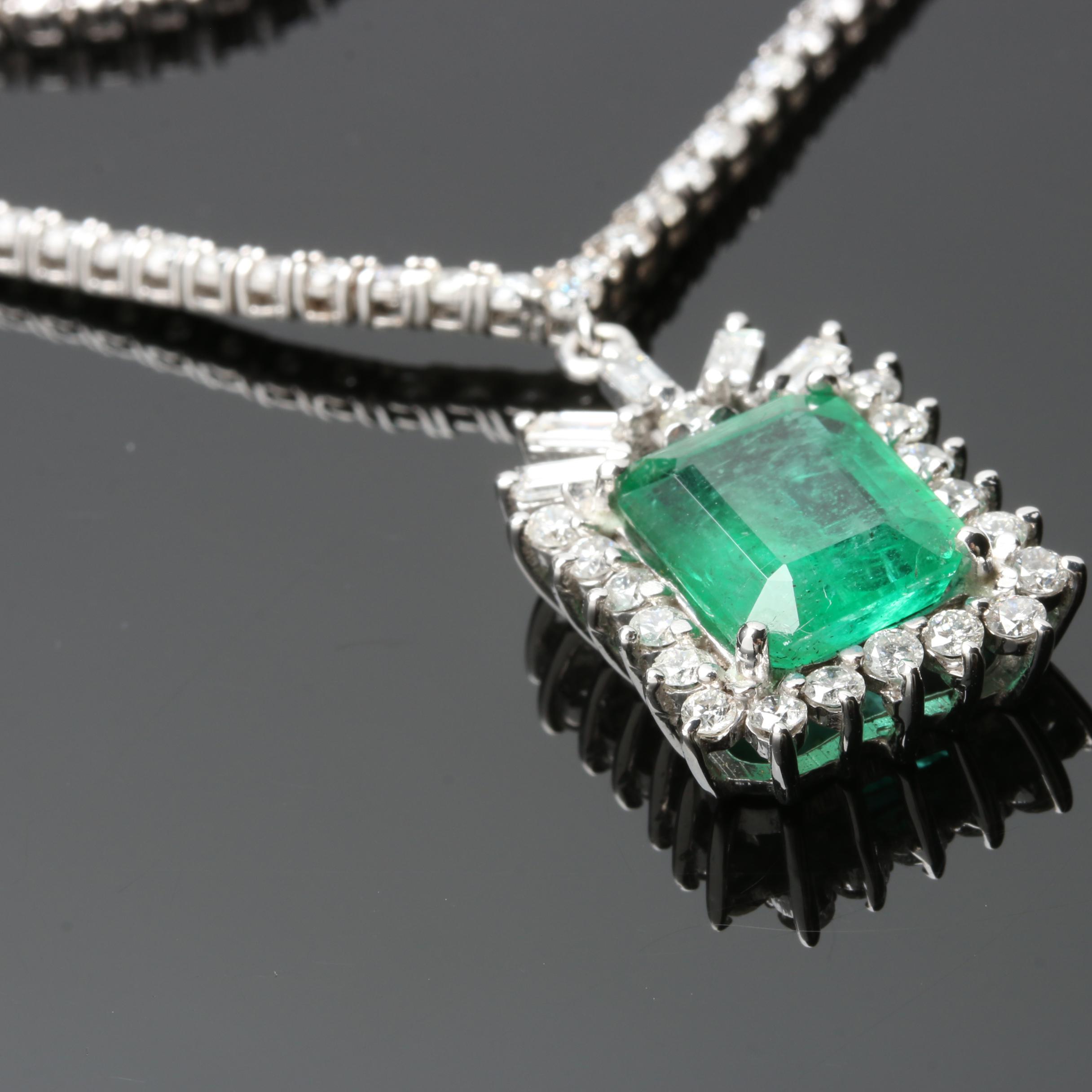 14K and 18K White Gold 4.36 CT Emerald and 3.64 CTW Diamond Necklace