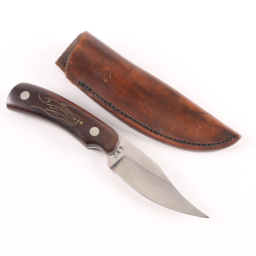 Custom Made "Cat" Marked Trailing Point Knife with Leather Sheath