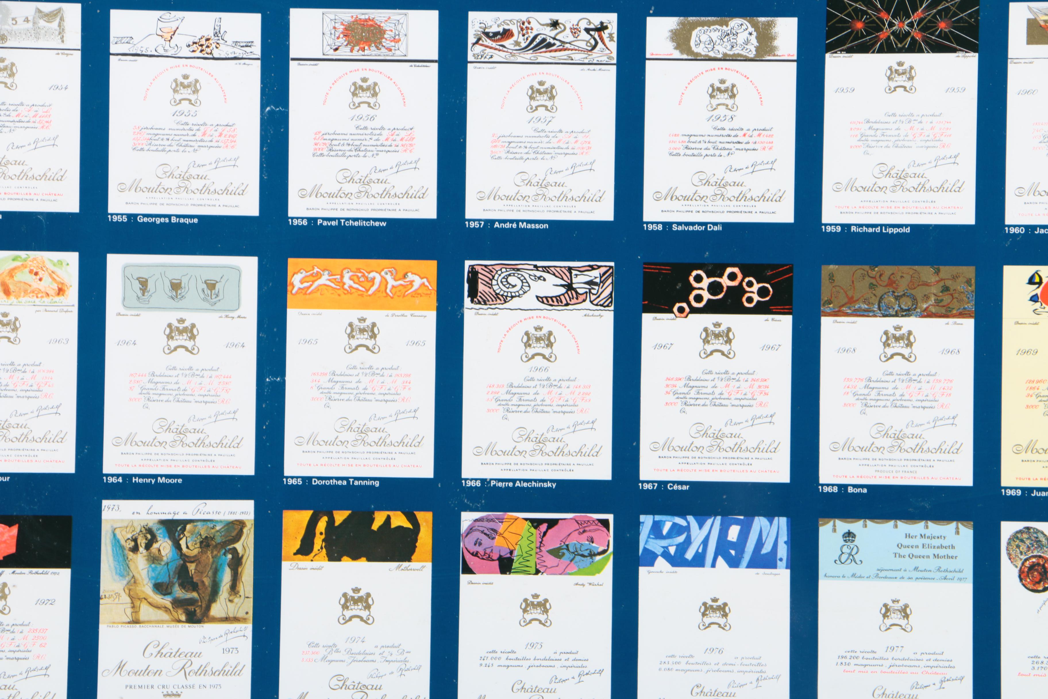 Embellished Offset Lithograph of Chateau Mouton Rothschild Wine Labels