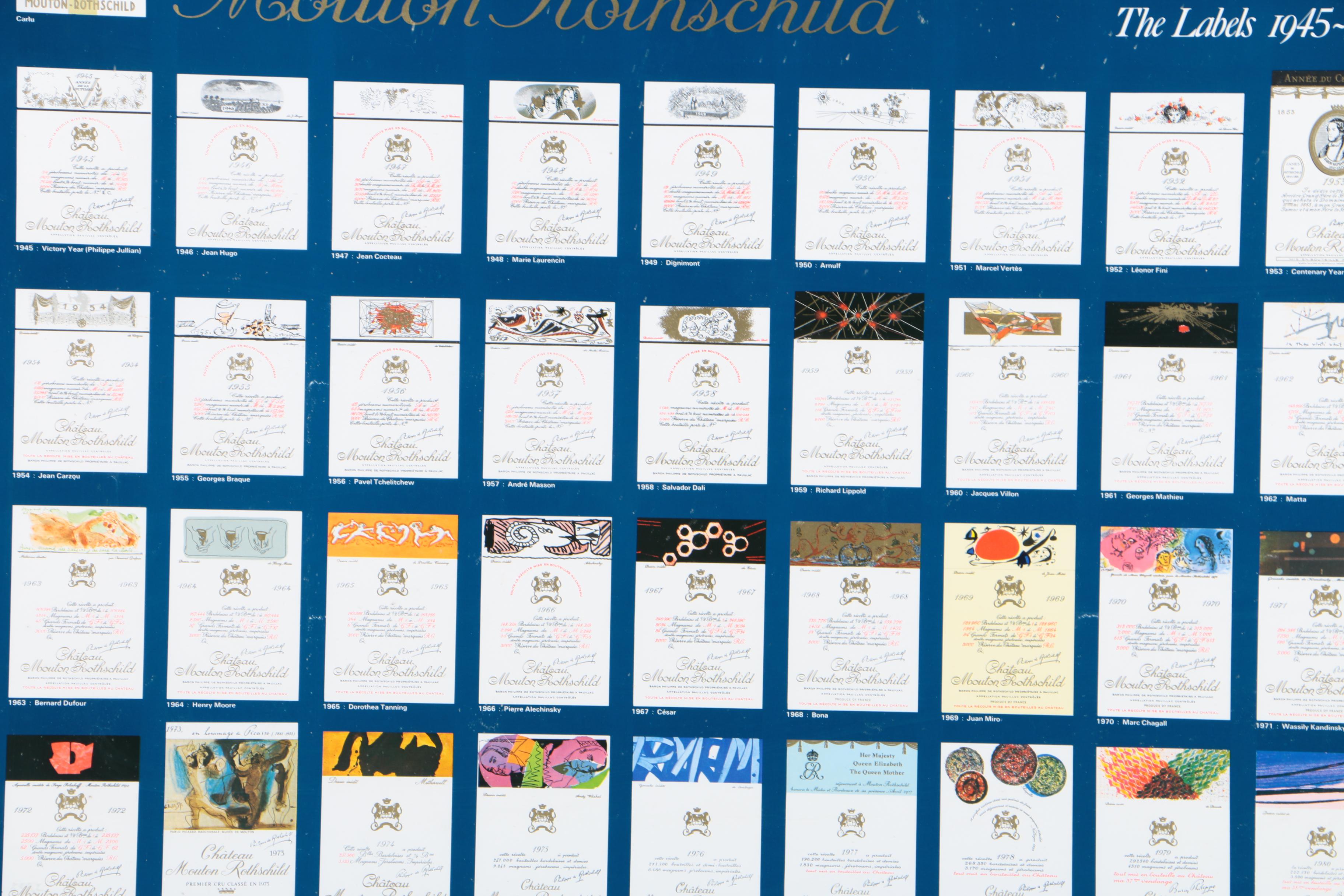 Embellished Offset Lithograph of Chateau Mouton Rothschild Wine Labels