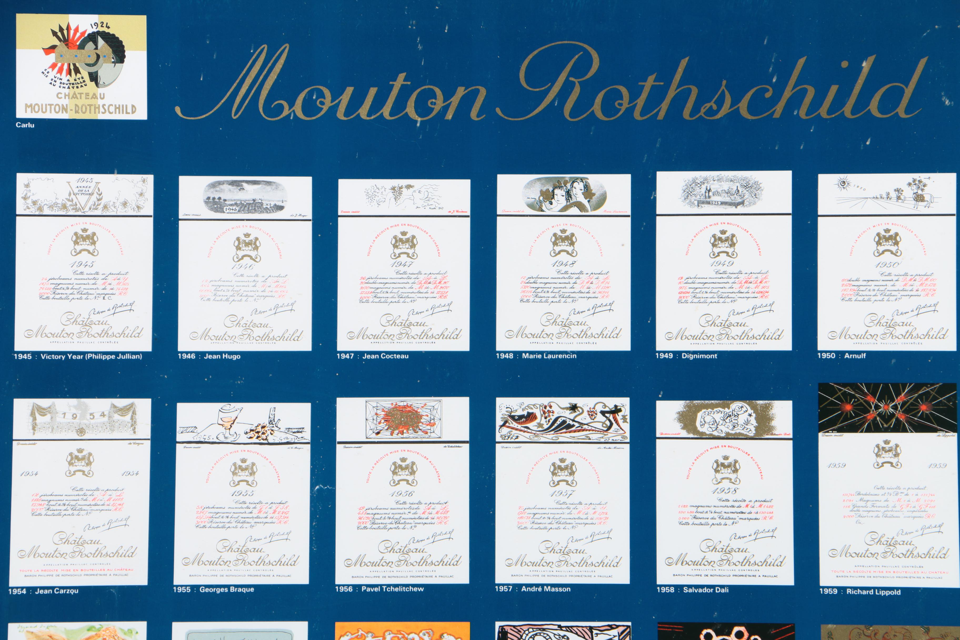 Embellished Offset Lithograph of Chateau Mouton Rothschild Wine Labels