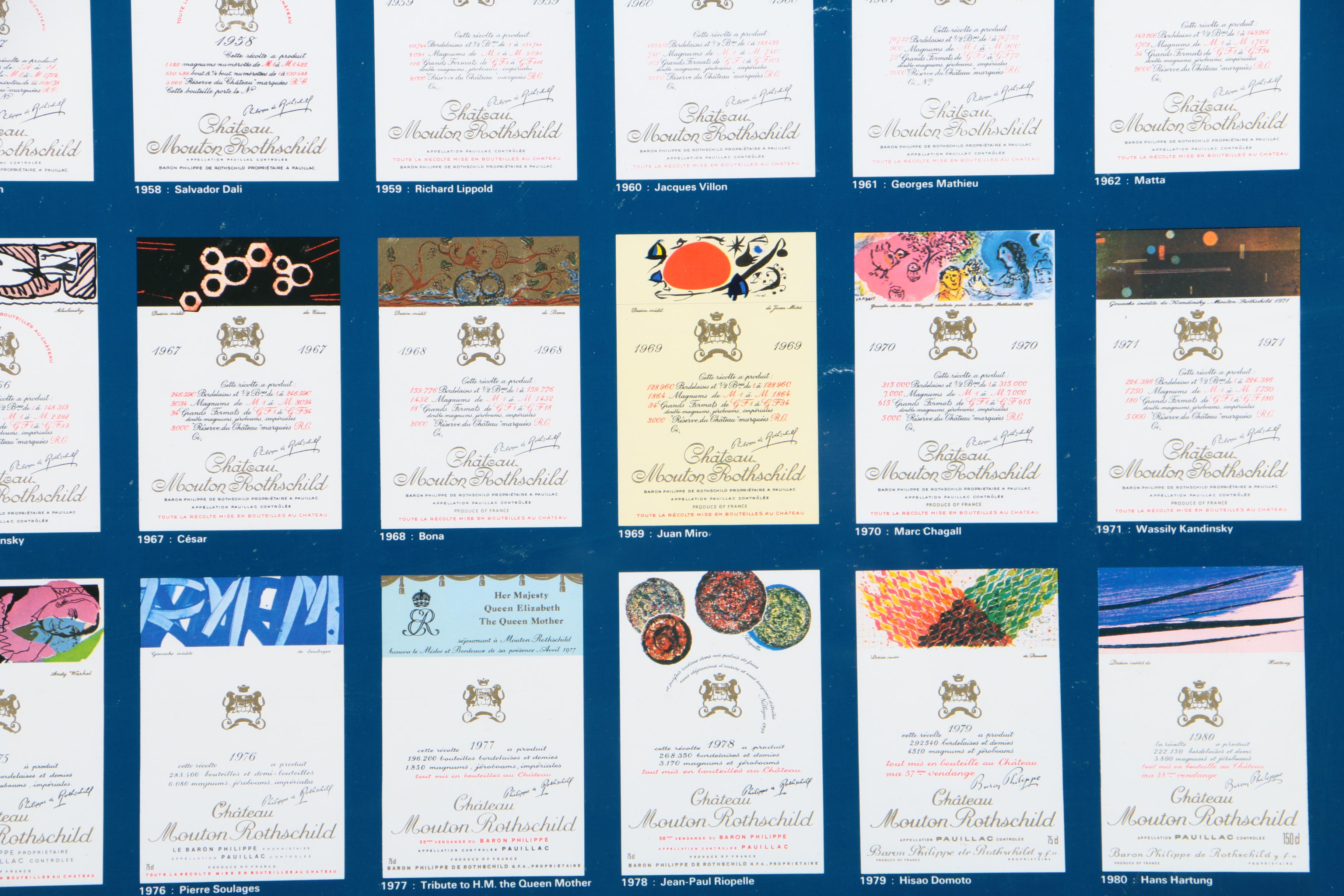 Embellished Offset Lithograph of Chateau Mouton Rothschild Wine Labels