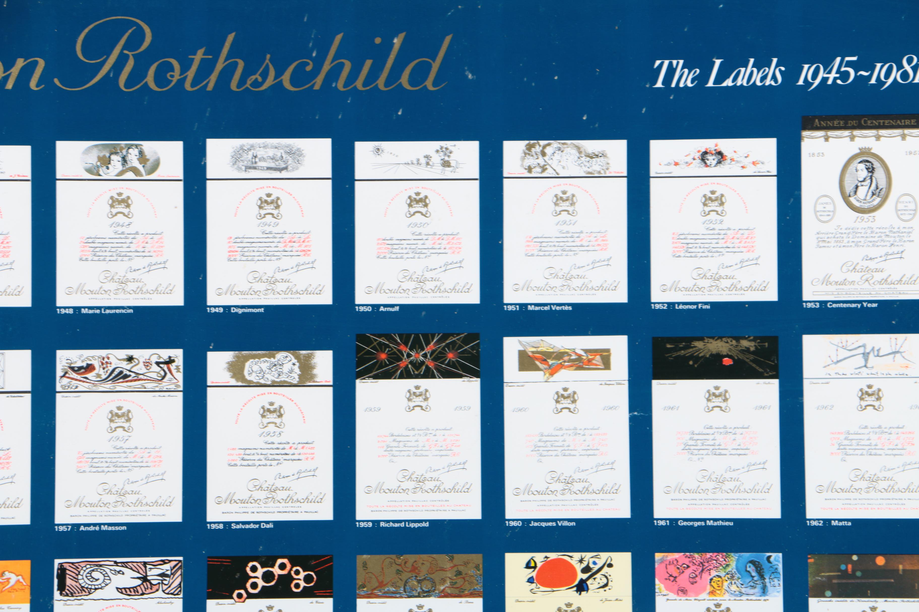Embellished Offset Lithograph of Chateau Mouton Rothschild Wine Labels
