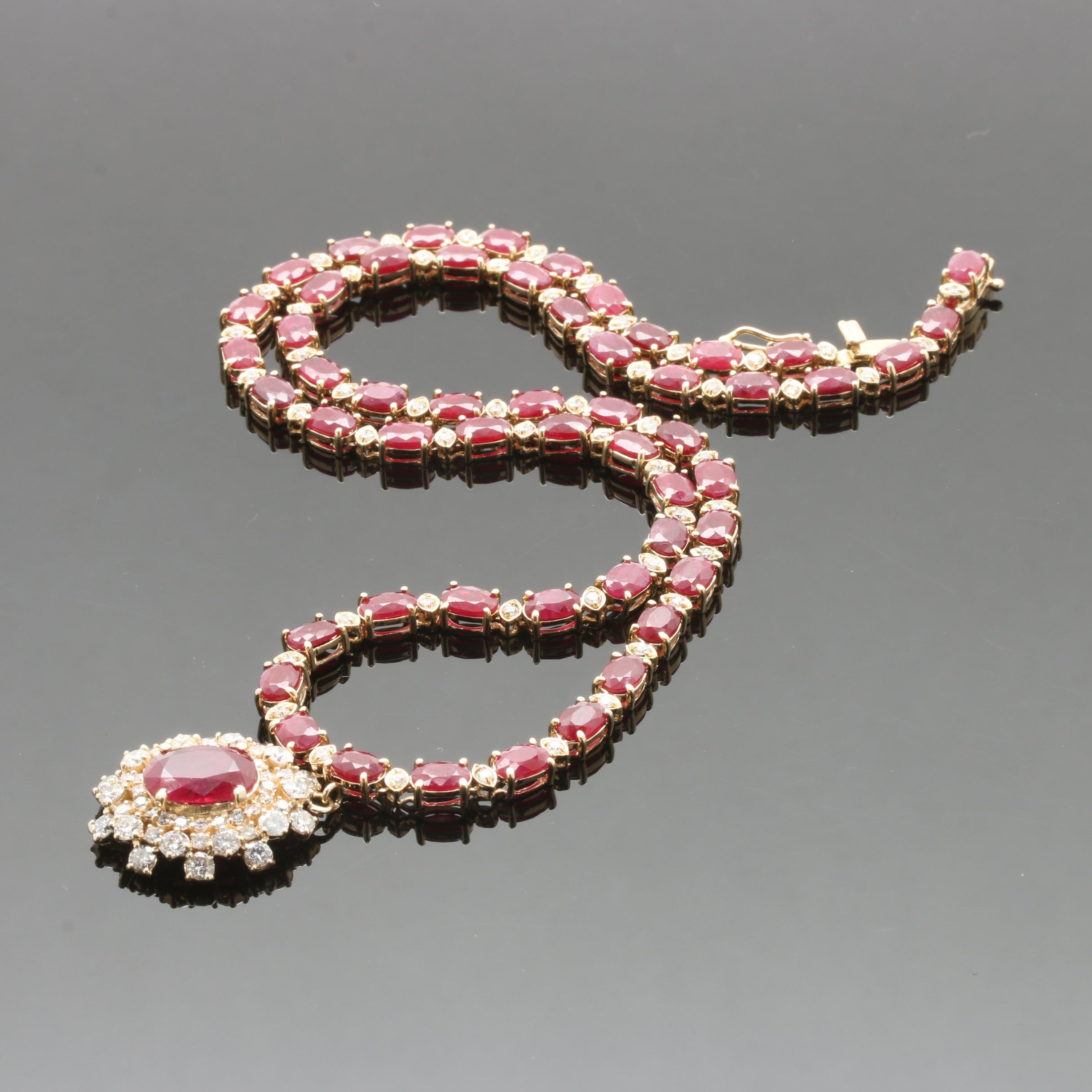 14K Yellow Gold 2.52 CT Ruby and 2.50 CTW Diamond Pendant Necklace