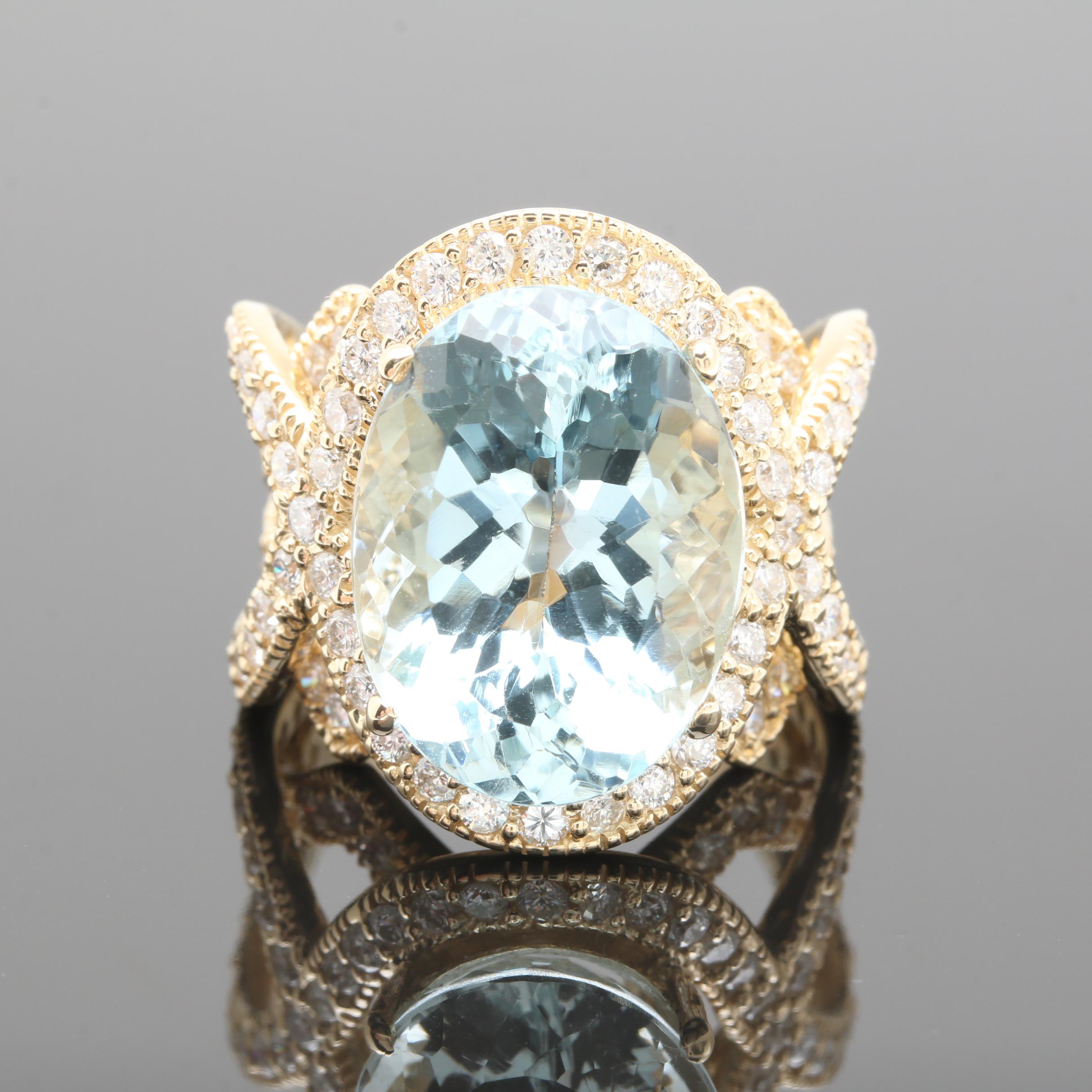 14K Yellow Gold 10.70 CT Aquamarine and 1.33 CTW Diamond Ring