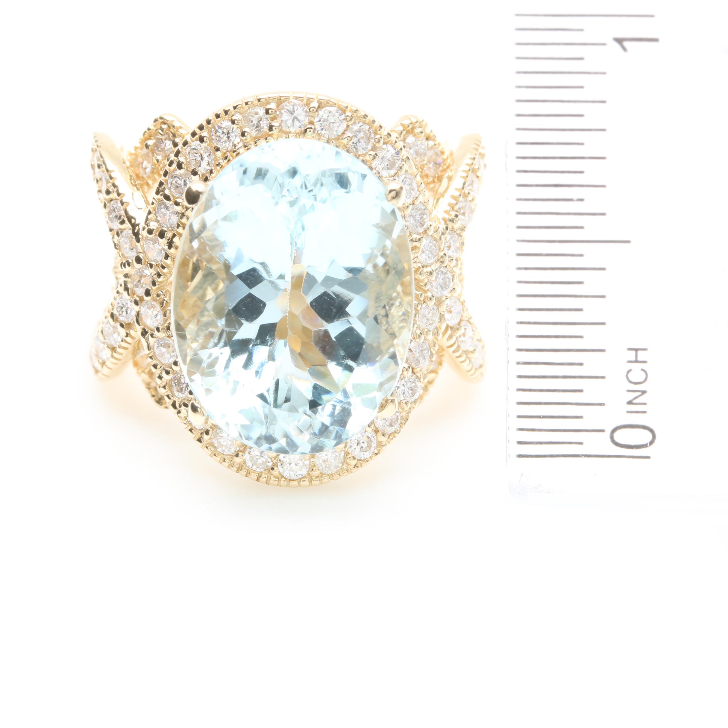 14K Yellow Gold 10.70 CT Aquamarine and 1.33 CTW Diamond Ring