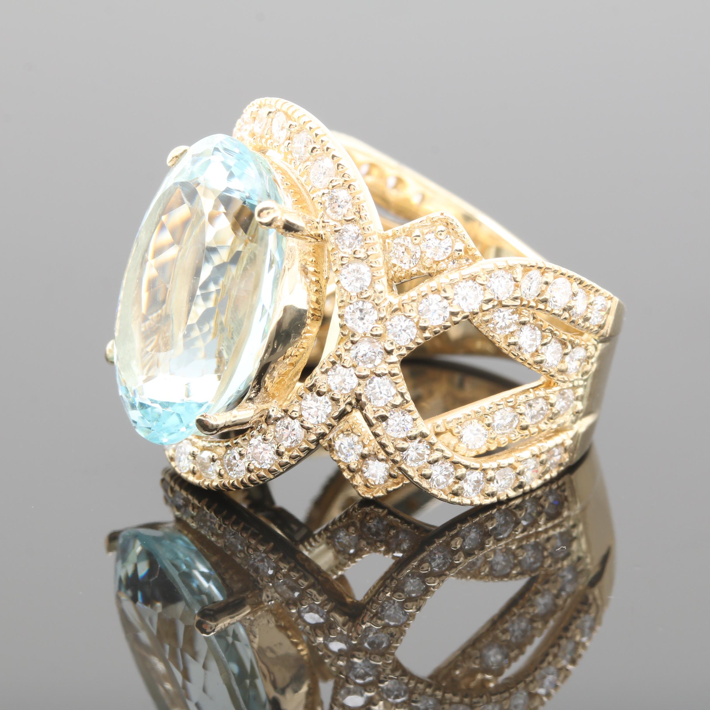14K Yellow Gold 10.70 CT Aquamarine and 1.33 CTW Diamond Ring