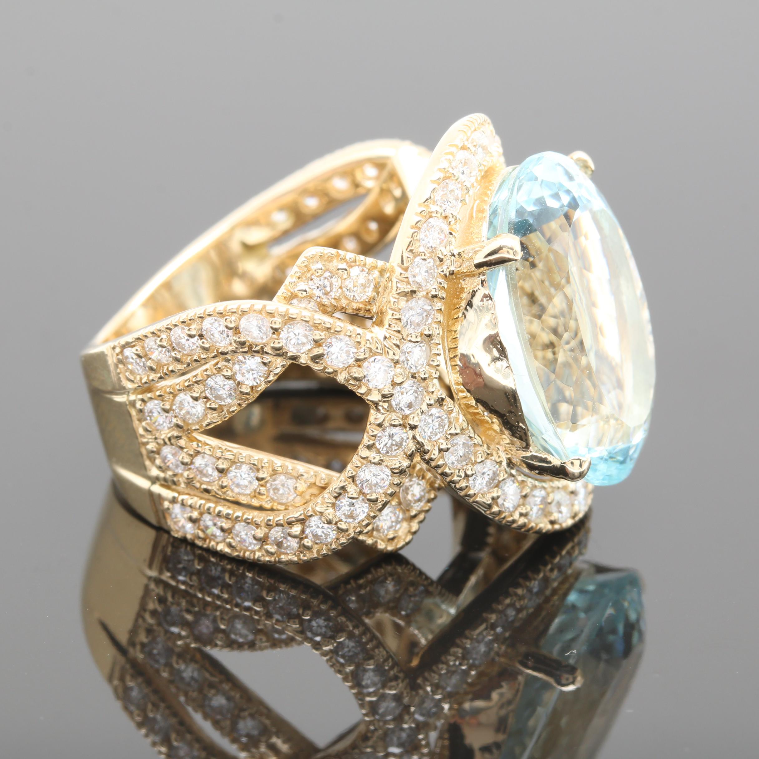 14K Yellow Gold 10.70 CT Aquamarine and 1.33 CTW Diamond Ring