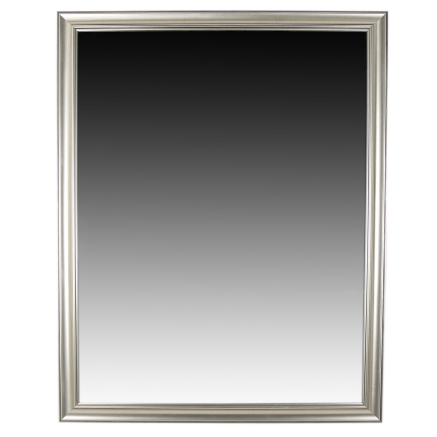 Molded Silver Tone Framed Beveled Wall Mirror