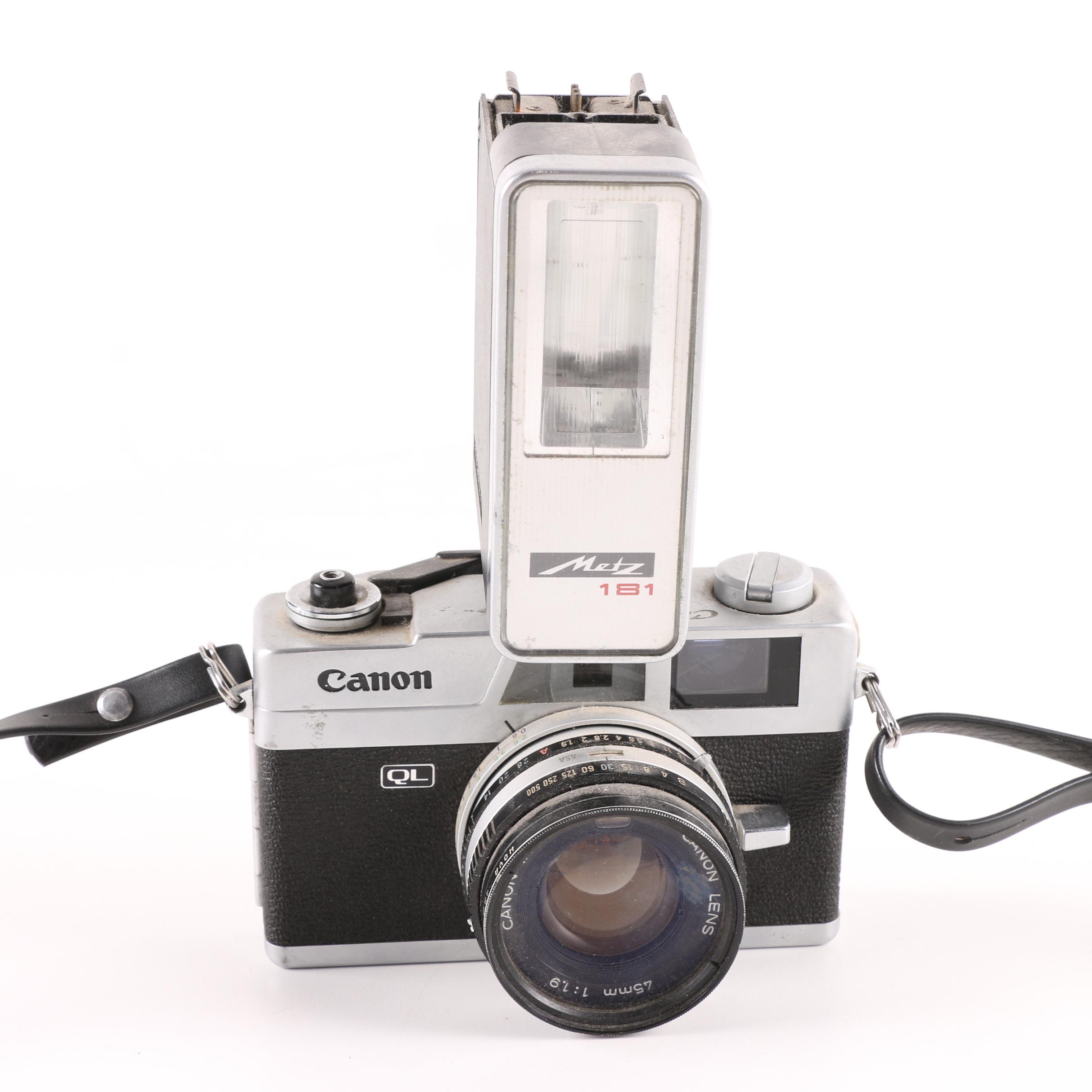 Vintage Canon QL19 35mm Rangefinder Camera with Metz 181 Flash