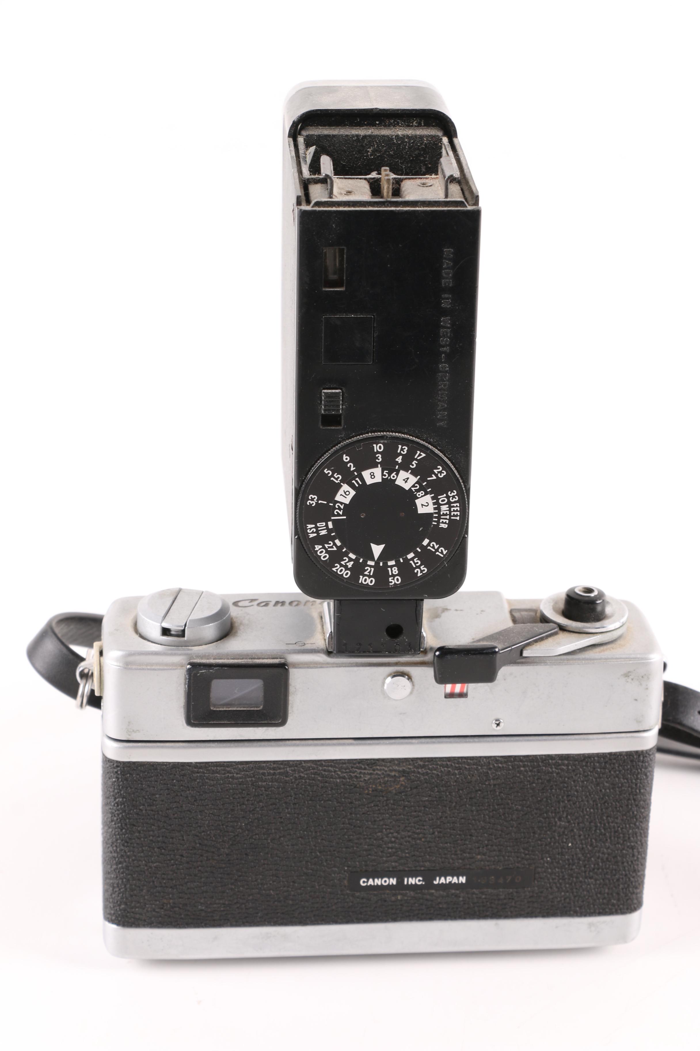 Vintage Canon QL19 35mm Rangefinder Camera with Metz 181 Flash