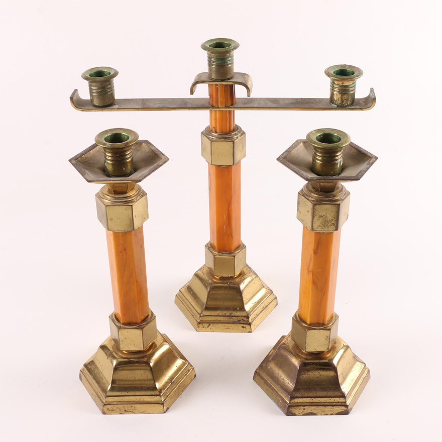 Art Deco Bakelite and Brass Candlestick Holders