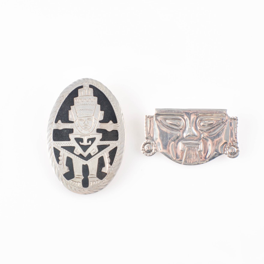 Vintage Sterling Mexican Aztec Face Brooches