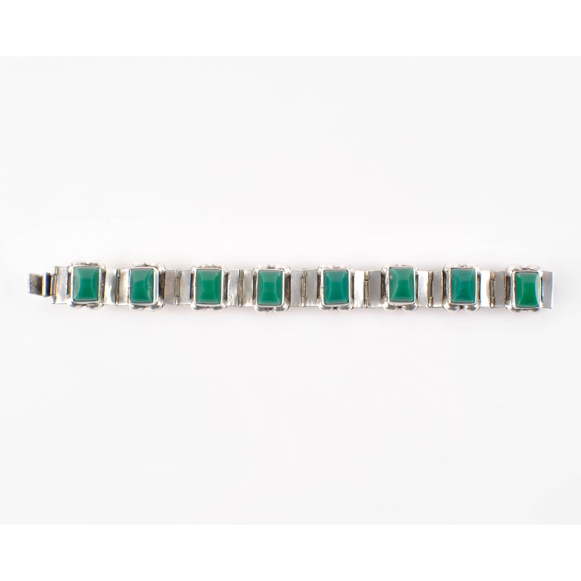 Vintage Taxco Mexico Sterling Silver Green Plastic Stone Bracelet