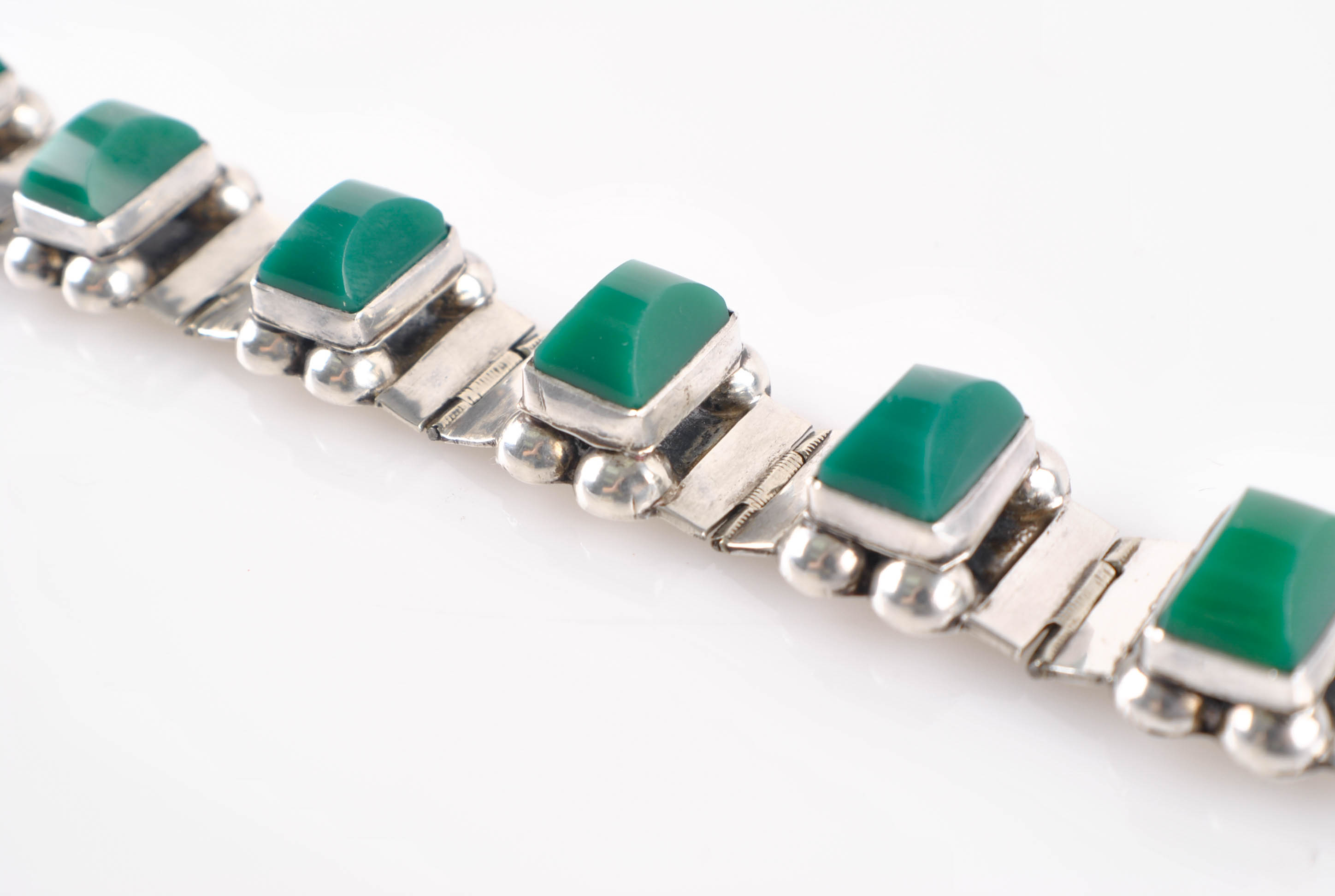 Vintage Taxco Mexico Sterling Silver Green Plastic Stone Bracelet