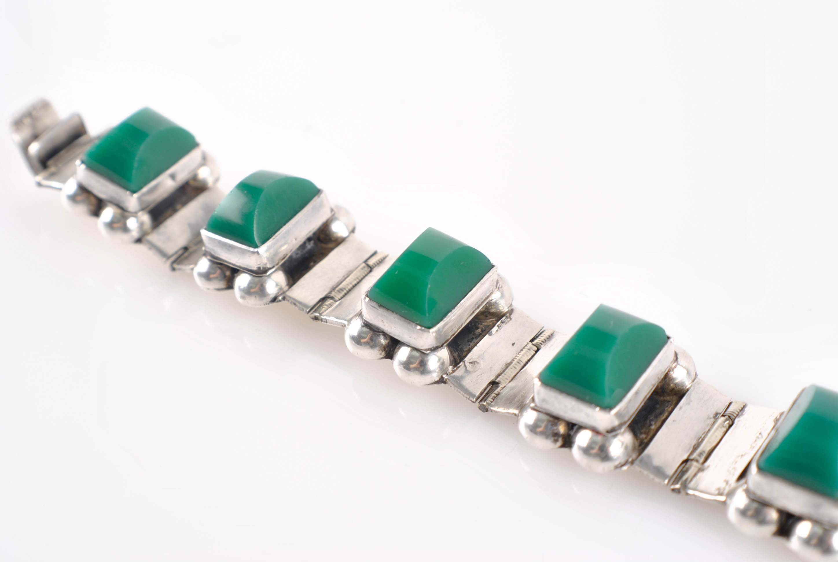 Vintage Taxco Mexico Sterling Silver Green Plastic Stone Bracelet